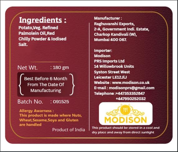 MODISON Masala Patta Potato Wafers Indian Snacks Crispy 180g