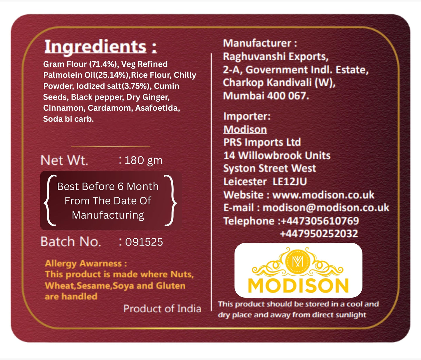 MODISON Tikhi Sev Indian Snacks Spicy Gujarati Namkeen 180g