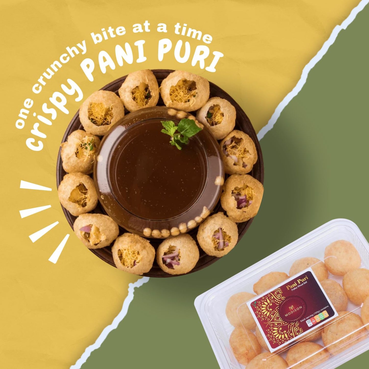 Modison Fresh Gourmet Pani Puri Snacks, nourriture indienne prête à manger, contenants transparents 40 pièces chacun